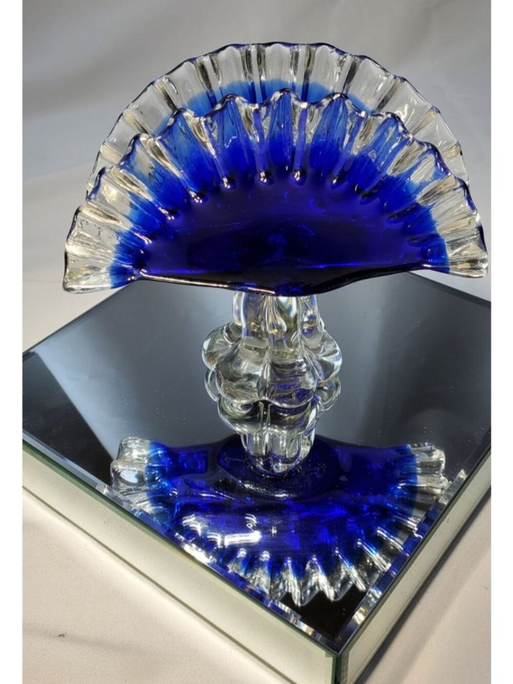 Vintage Art Glass Blown Clear Napkin Paper Holder Fan Shaped Handmade Blue